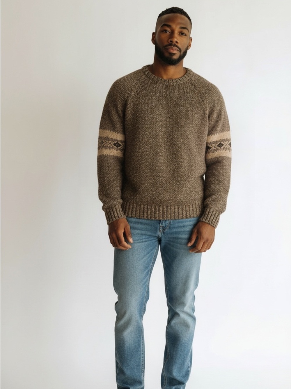 Abercrombie & Fitch Brown wool Crewneck Sweater with Patterned Sleeve Band